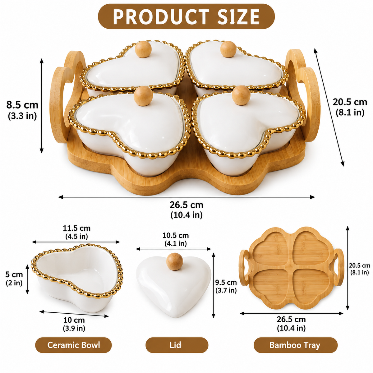 Heart Shaped Ceramic Serving Bowl Set, Elegant Gold-Trim Heart Bowl Set, Bamboo Heart Serving Tray with Ceramic Bowls