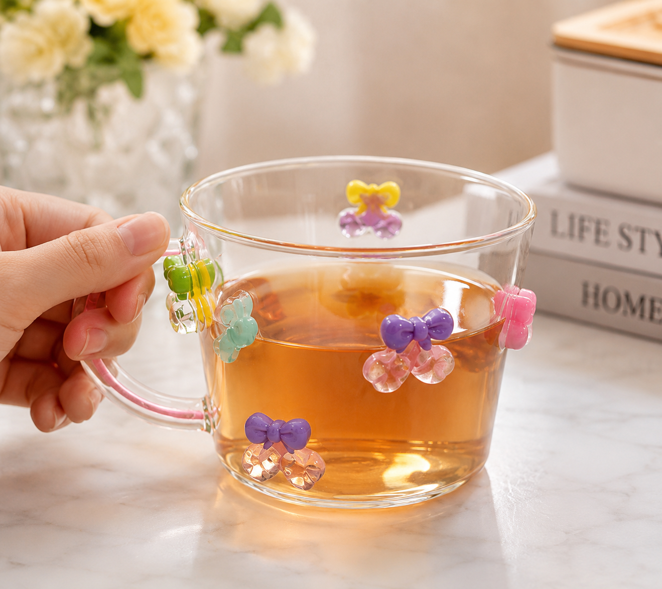 3D Bow Crystal Charm Glass Cup,     Aesthetic Bow Crystal Drop Glass Mug, Cute Bow & Sparkle Charm Glass Cup, Kawaii Bow Transparent Glass Cup