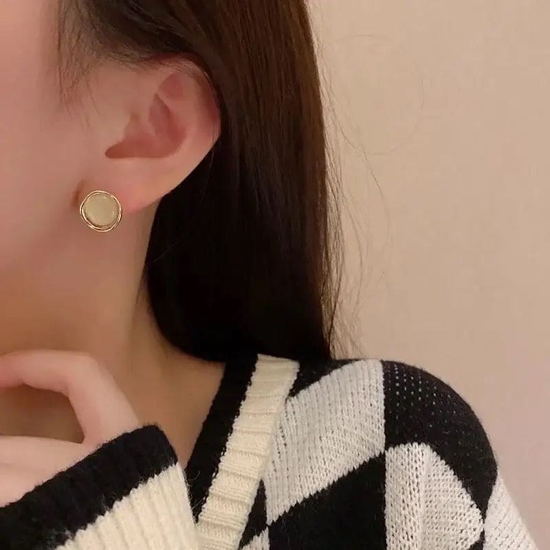 Opal Stud Earring, Metal Round Side Geometric Earring, Simple Pendant Ear Stud Elegant Jewellery
