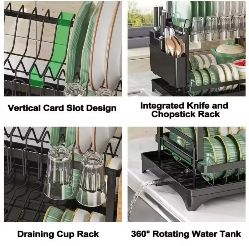 Premium 2 Tier Dish Drying Rack, Space Saving Dish Drying Stand, Countertop Dish Rack With Drainage Tray