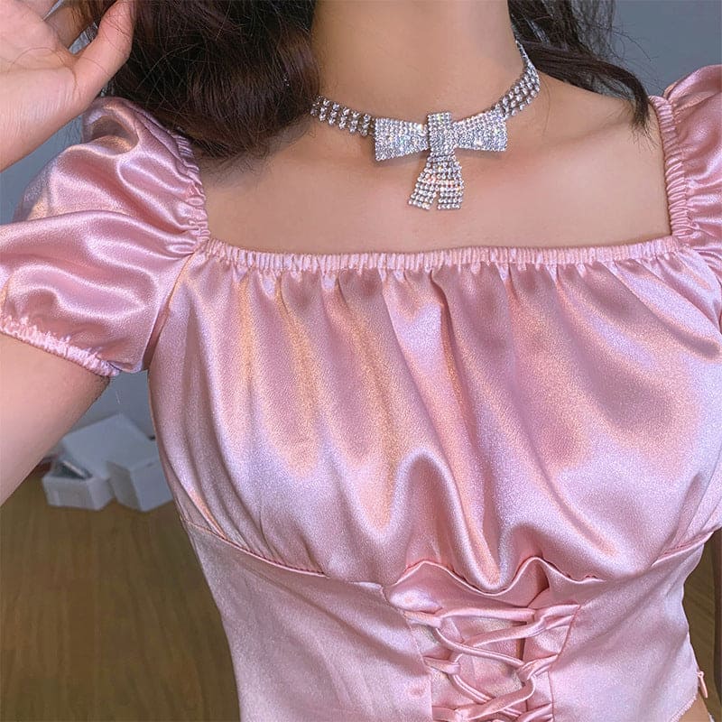 Shiny Crystal Bowknot Necklace, Long Tassel Rhinestone Necklaces, Luxurious Bowknot Pendant Necklace, Sparking Crystal Pave Bowknot Pendant, 3D Bowknot Pendant Necklace Jewellery