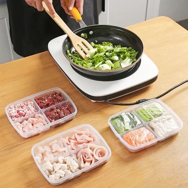 4 Grid Plastic Becon Box, Four Compartment Food Storage Box, Reusable Preservation Box With Lid, Plastic Refrigerator Storage Box Organizer, Food Storage Container with Lid for Refrigerator, Multipurpose Food Fridge Keeper
