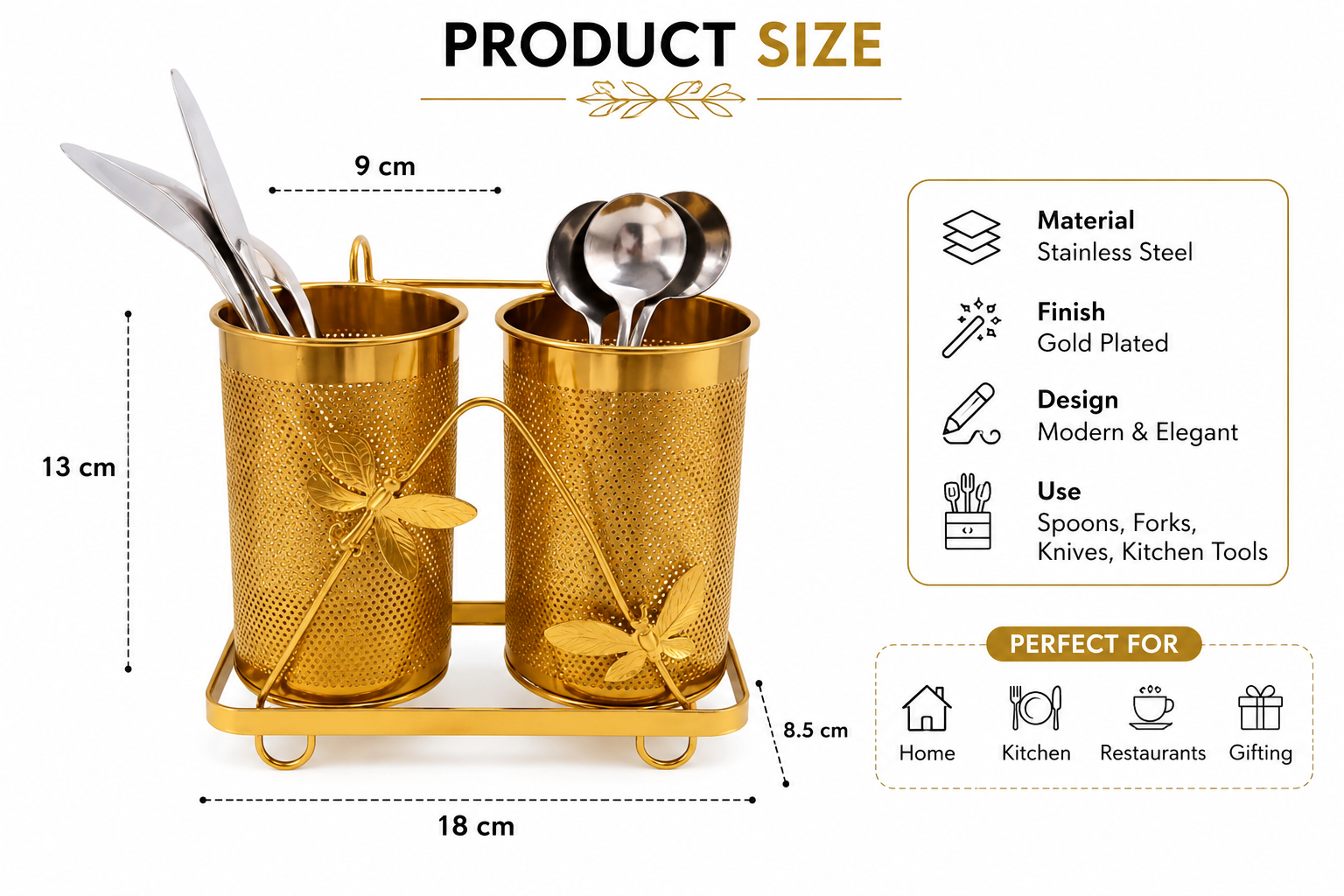 Dual Cup Cutlery Organizer Stand, Kitchen Utensil Organizer, Elegant Golden Kitchen Utensil Organizer, Decorative Golden Cutlery Storage Stand