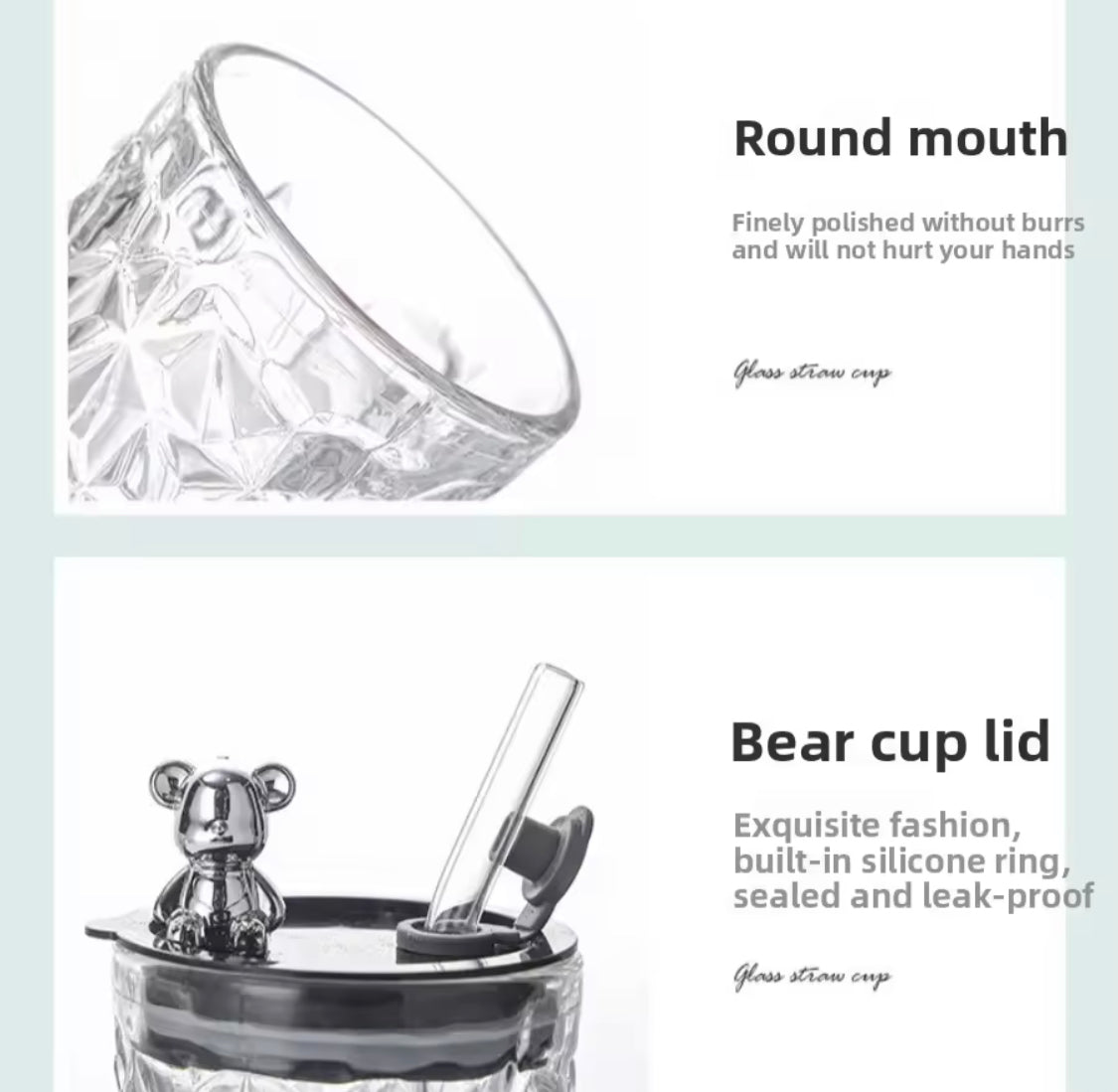 Luxury Bear Cap Transparent Glass Water Cup, Women Coffee Cup With Lid And Straw, European Style Vintage Milk Cup