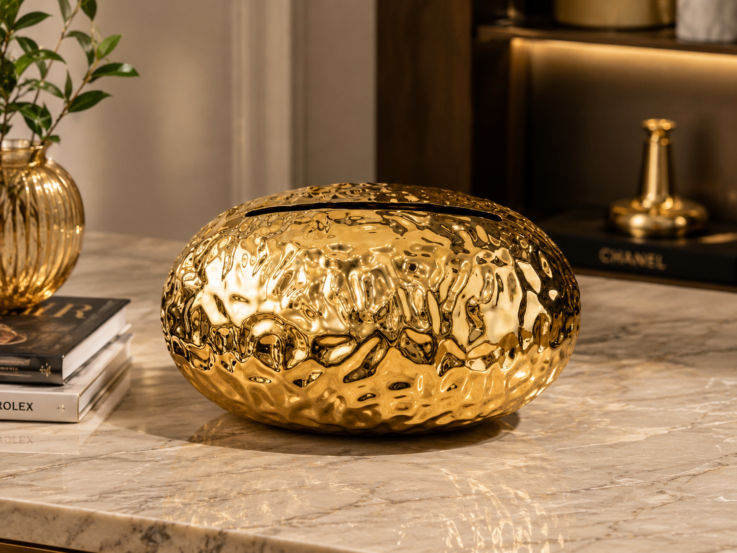 Egg Shape Hammered Tissue Holder, Luxury Pebble Texture Tissue Box, Elegant Metallic Tabletop Tissue Holder