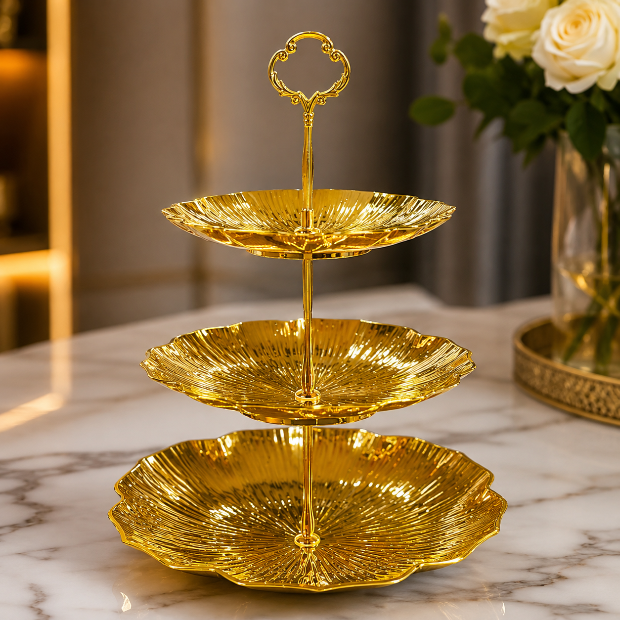 Three Layer Stainless Steel Cake Display Stand, Luxury Gold Dessert Display Stand, Multi Layer Serving Tray, Serving Platter Stand, Elegant Gold Cake Stand with 3 Decorative Serving Trays