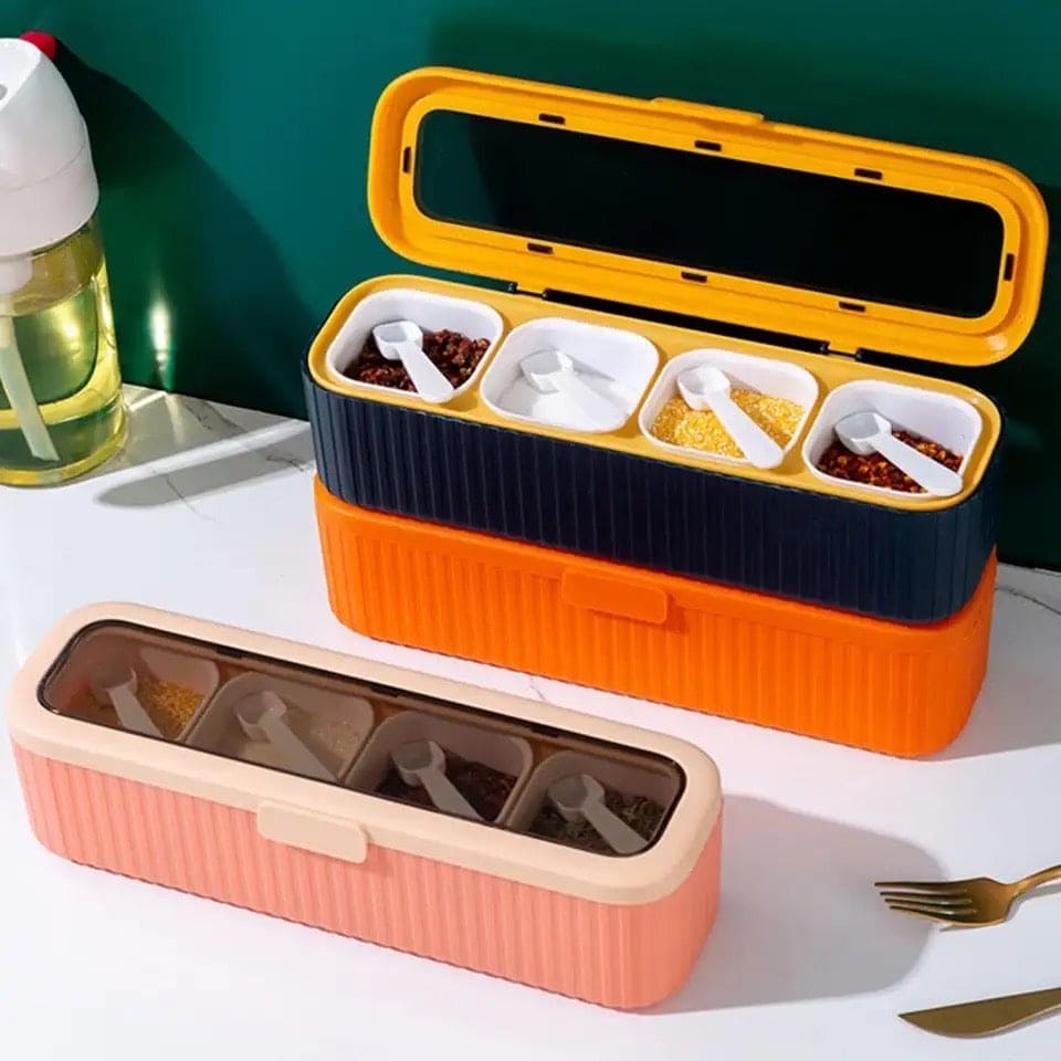 Luxury Four Grid Spice Dispenser, Household Flip with Spoon Spice Box, Seasoning Storage Container for Spice, Salt Sugar Plastic Condiment Jars with Spoons Lid, Kitchen Organization Containers with Cover and Spoon, Household Kitchen Seasoning Bottles