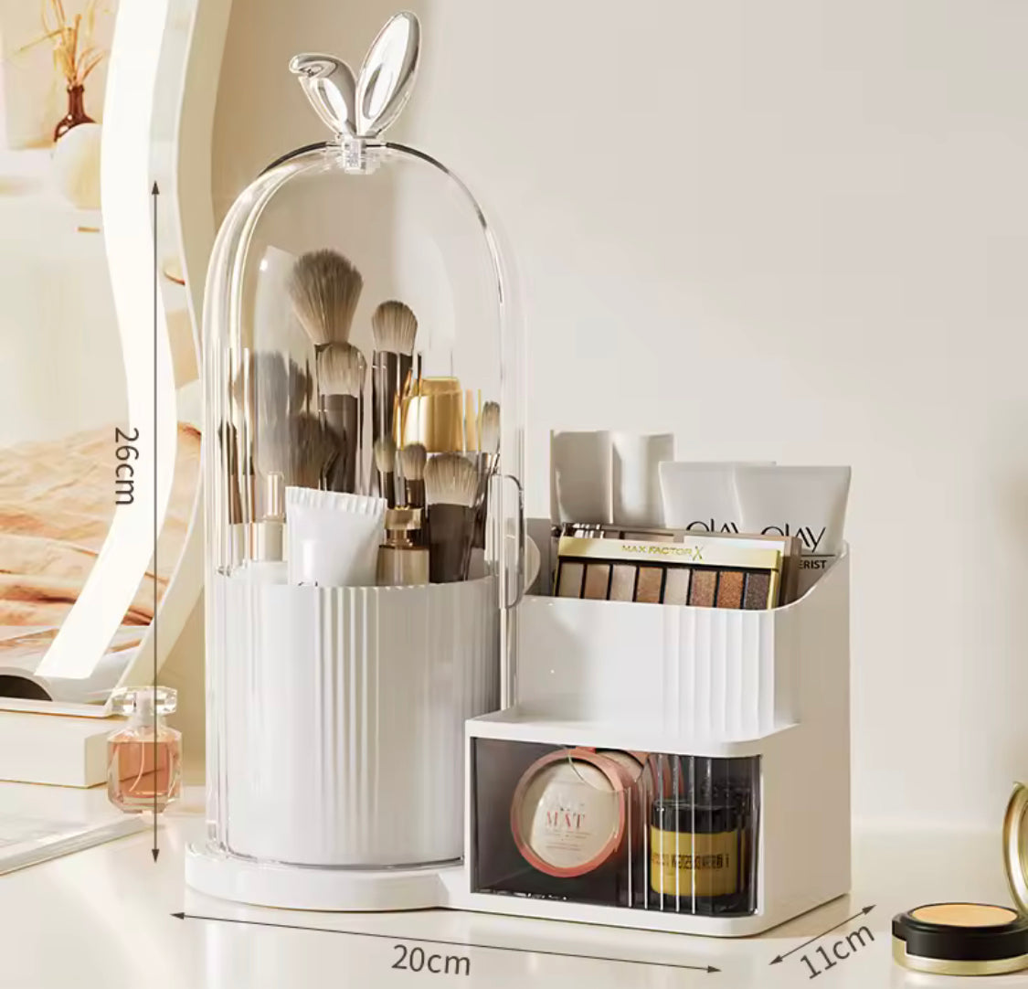 360 Rotating Makeup Organizer With Dustproof Cover, Multi Layer Cosmetic Storage Box with Drawer, Cage Shape Brush Organizer, Lipstick and Eyebrow Pencil Holder