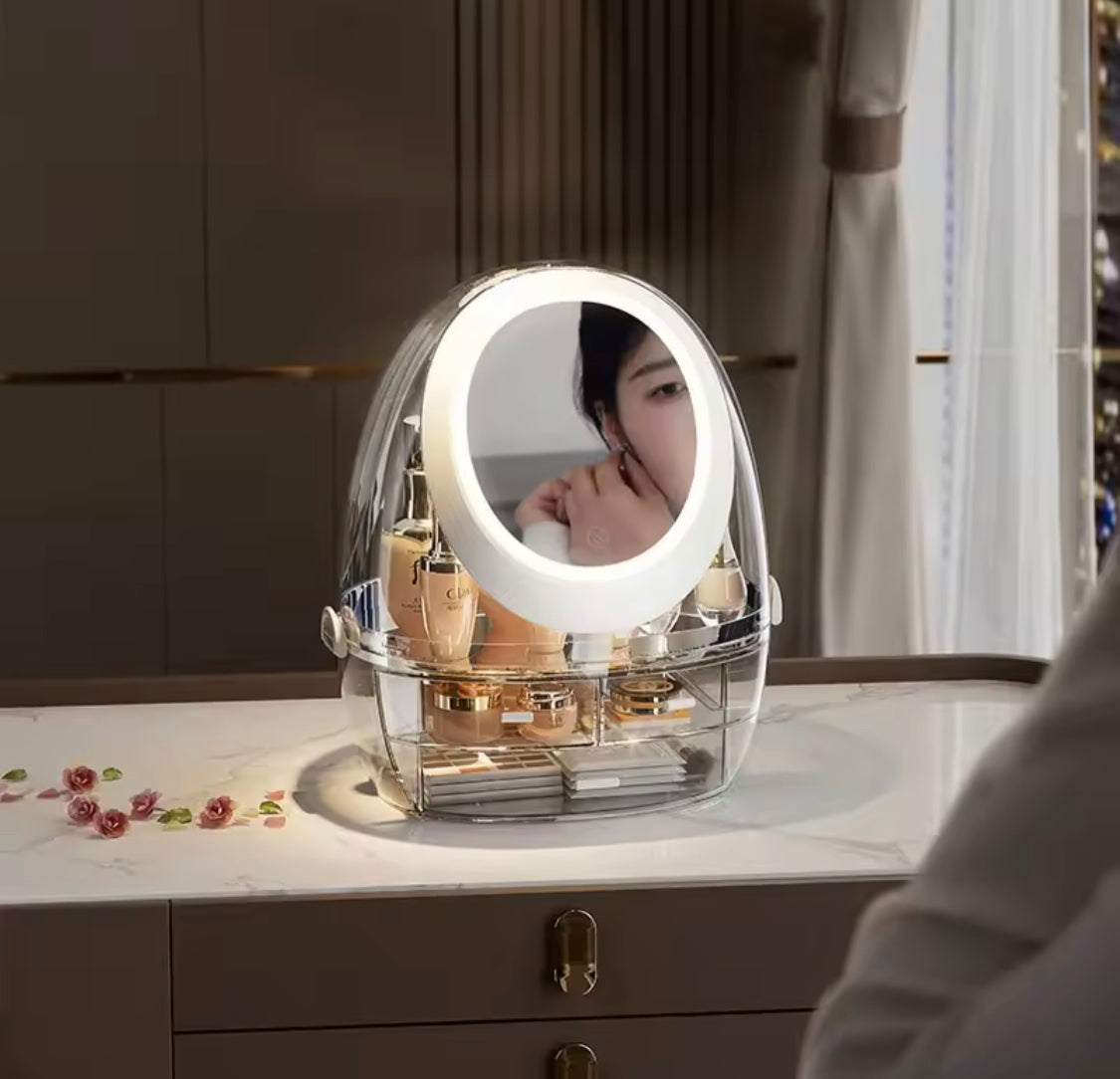 LED Makeup Organizer with Mirror And Drawers, Smart Touch LED Vanity Makeup Organizer, Transparent Makeup Organizer with 360° HD Mirror, Dust proof Cosmetic Storage Box with LED Mirror