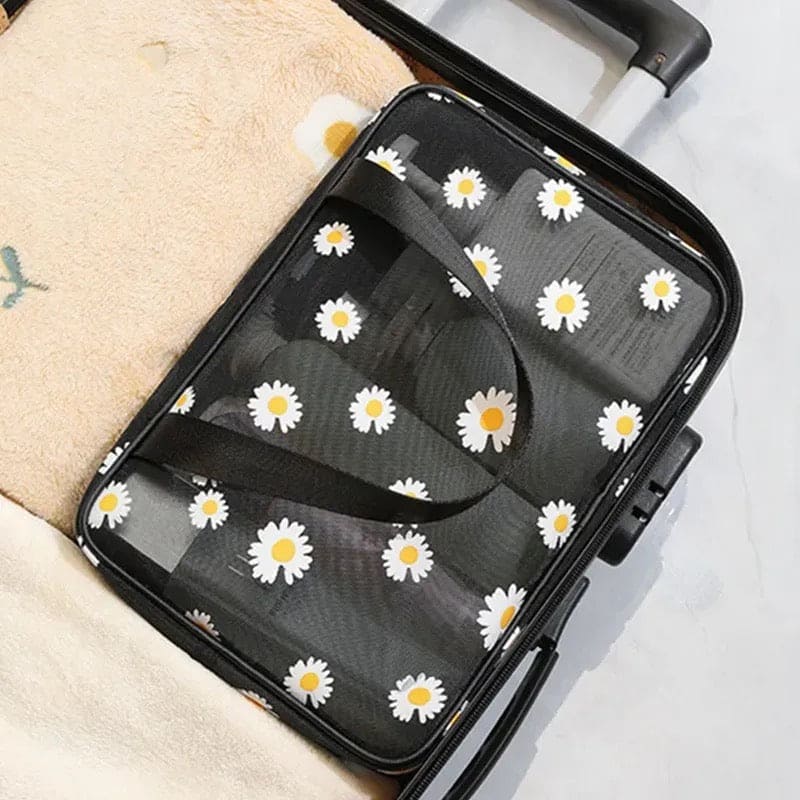 Set Of 2 Daisy Mesh Makeup Bag, Large Capacity Portable Travel Wash Bag, Cute Daisy Pattern Women Zipper Make Up Case, Multipurpose Hot Spring Mesh Bag, Wardrobe Suitcase Pouch