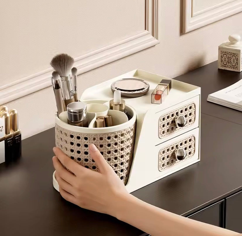 Rattan Style Makeup Organizer with Drawers, Large Capacity Cosmetic Storage Box, Double Layer Rotating Shelf Pen Holder, Desktop Organizer