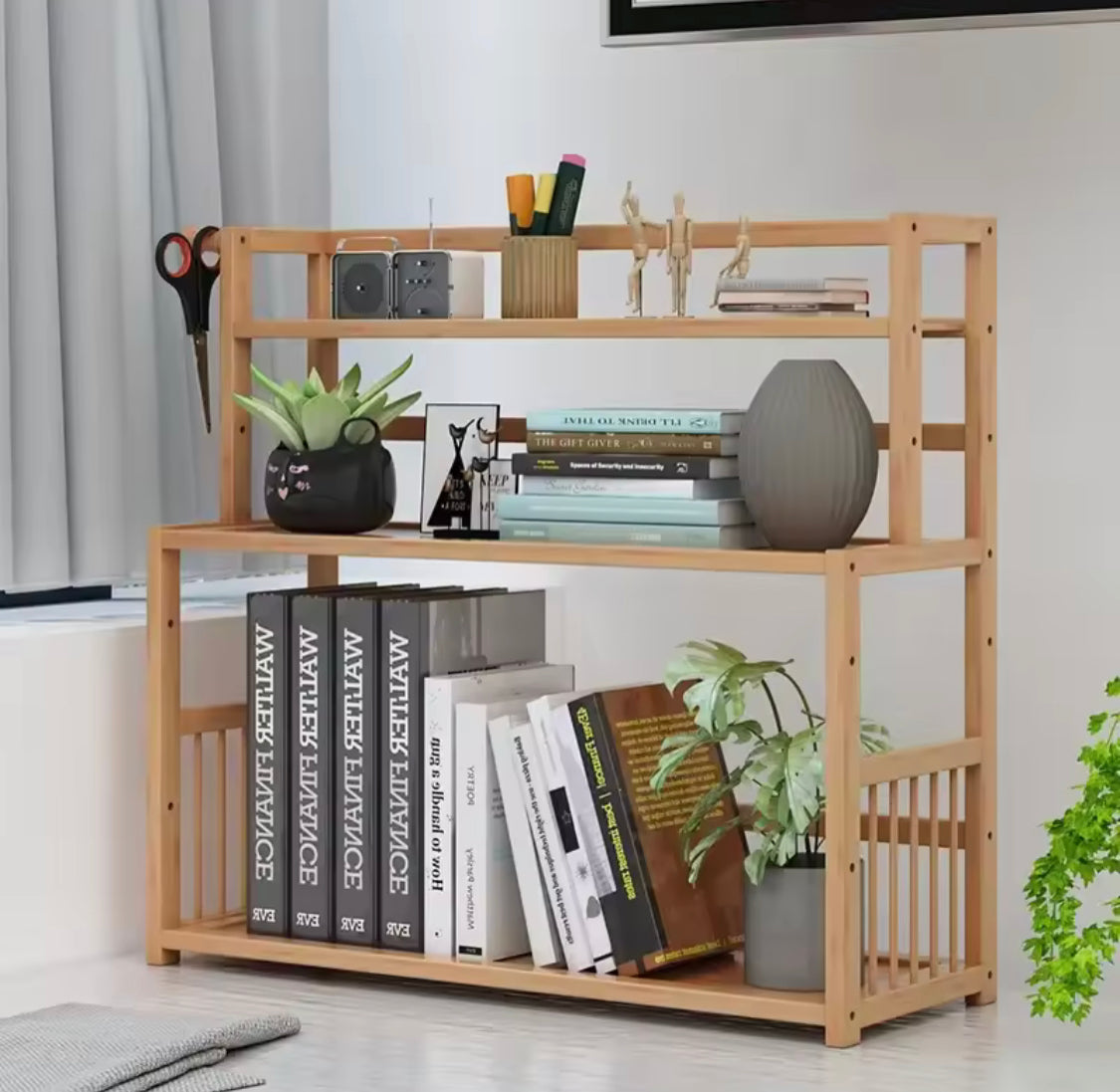Multi Tier Wooden Bookshelf Organizer, Multifunctional Kitchen Storage Rack, Desktop Sundries Stationery Organizer