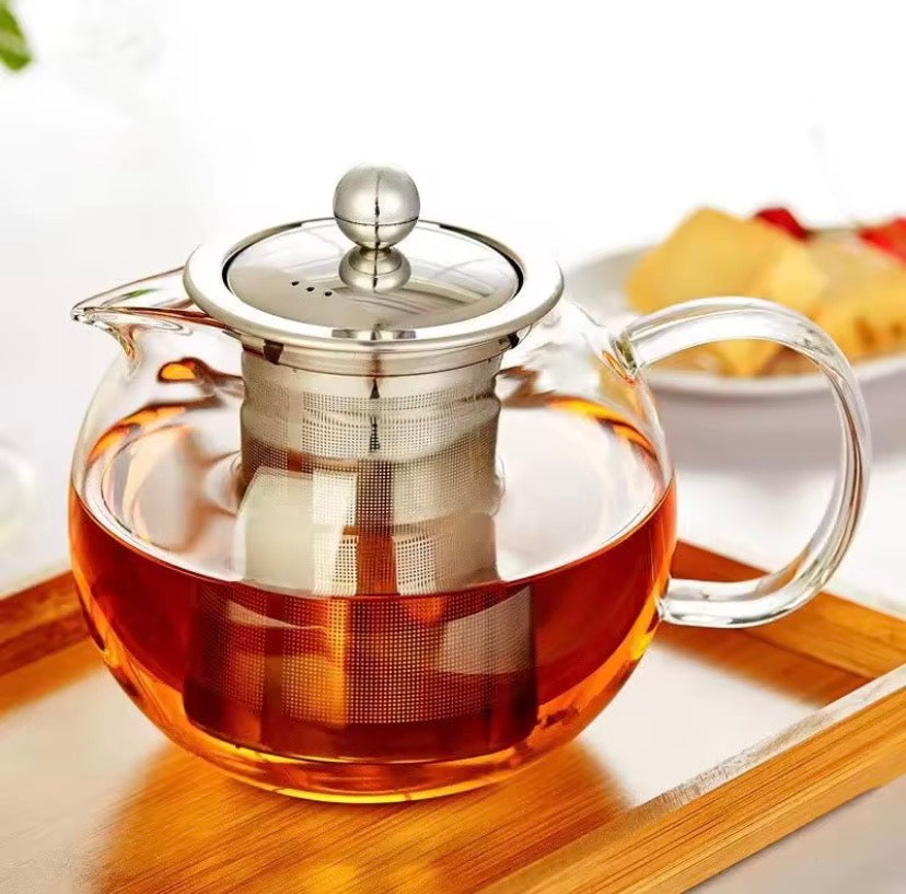 Glass Teapot with Stainless Steel Infuser, Double Wall Glass Tea Infuser Pot, Round Glass Tea Brewing Pot, Transparent Glass Tea Kettle