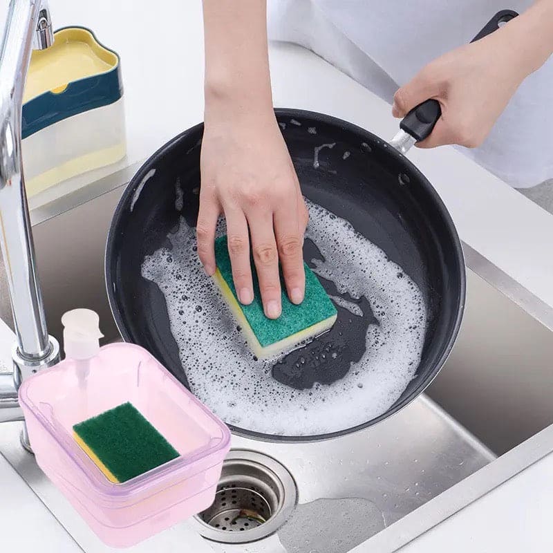 Press Cleaning Liquid Container, Soap Dispenser With Sponge Holder, Kitchen Liquid Dispenser Press Box, Press Soap Outlet Box Sponge Dispenser, 800ml Manual Sink Dish Washing Soap Dispenser, 2 in 1 Design For Kitchen