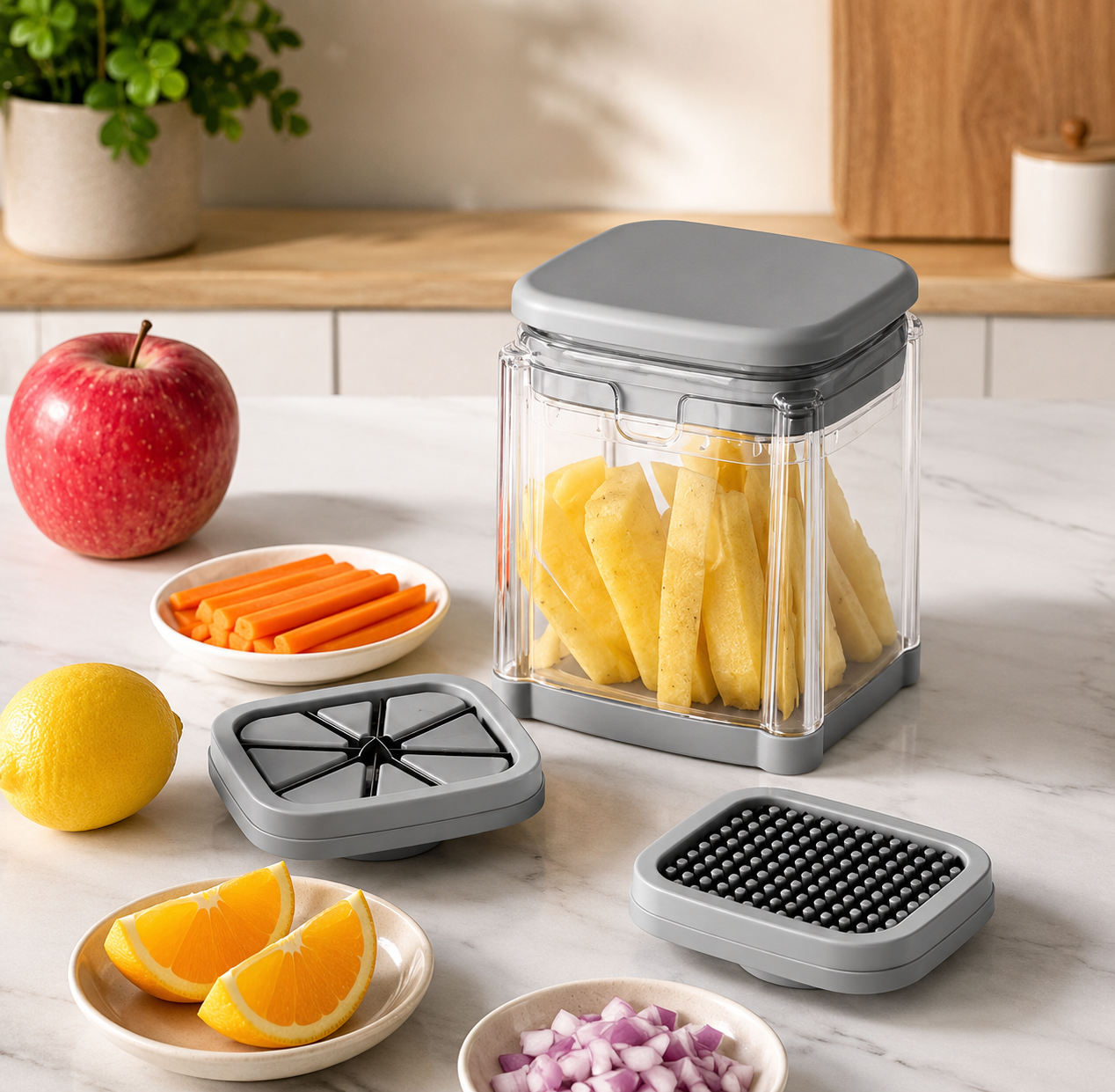 Manual Press Vegetable Cutter with Storage Box, Press Down Vegetable Cutter with Container, Multi Purpose Vegetable Slicer And Dicer, All in One Fruit And Vegetable Cutter
