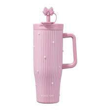 PearlMist 40oz Insulated Tumbler,     Cute Ribbon Style Thermal Cup, Large Capacity Aesthetic Water Cup with Handle