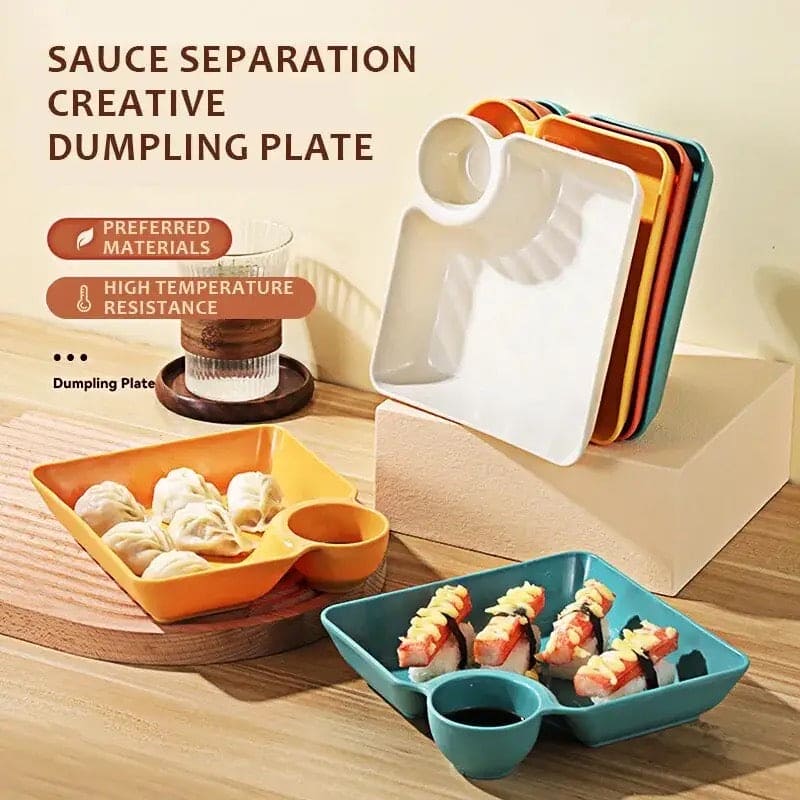 Set of 4 Square Dumpling Plate With Dipping Dish, Plastic Portion Plate, Sushi Fries and Dumplings Sauce Separation, Multipurpose Dumpling Plate With Sauce Compartment, Square Serving Plates with Sauce Holder, Multifunctional Food storage Plate