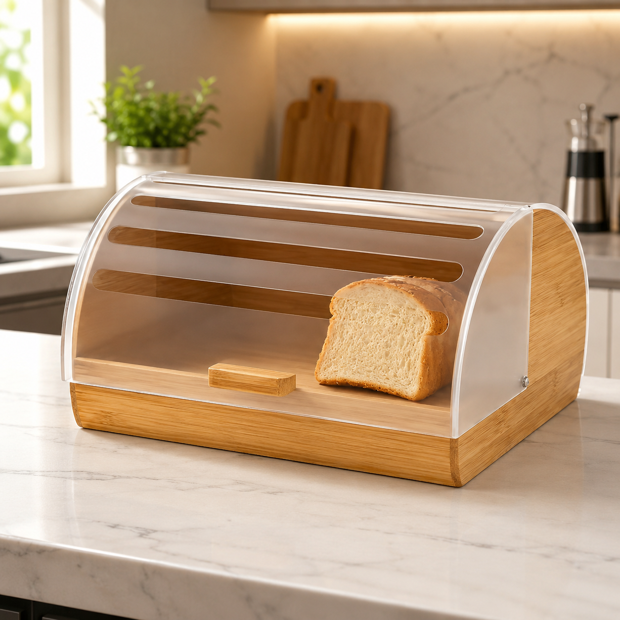 Bamboo Pastry Storage Box With Transparent Cover, Countertop Cookies Muffins Box, Bread Storage Organizer, Bamboos Bread Organizers Box With Clear Lid