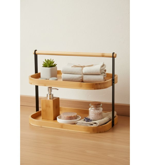 2 Tier Bamboo Kitchen Organizer, Nordic Bamboo Counter Rack, Multifunctional Serving Platter with Handle, Two Tier Serveware Tray