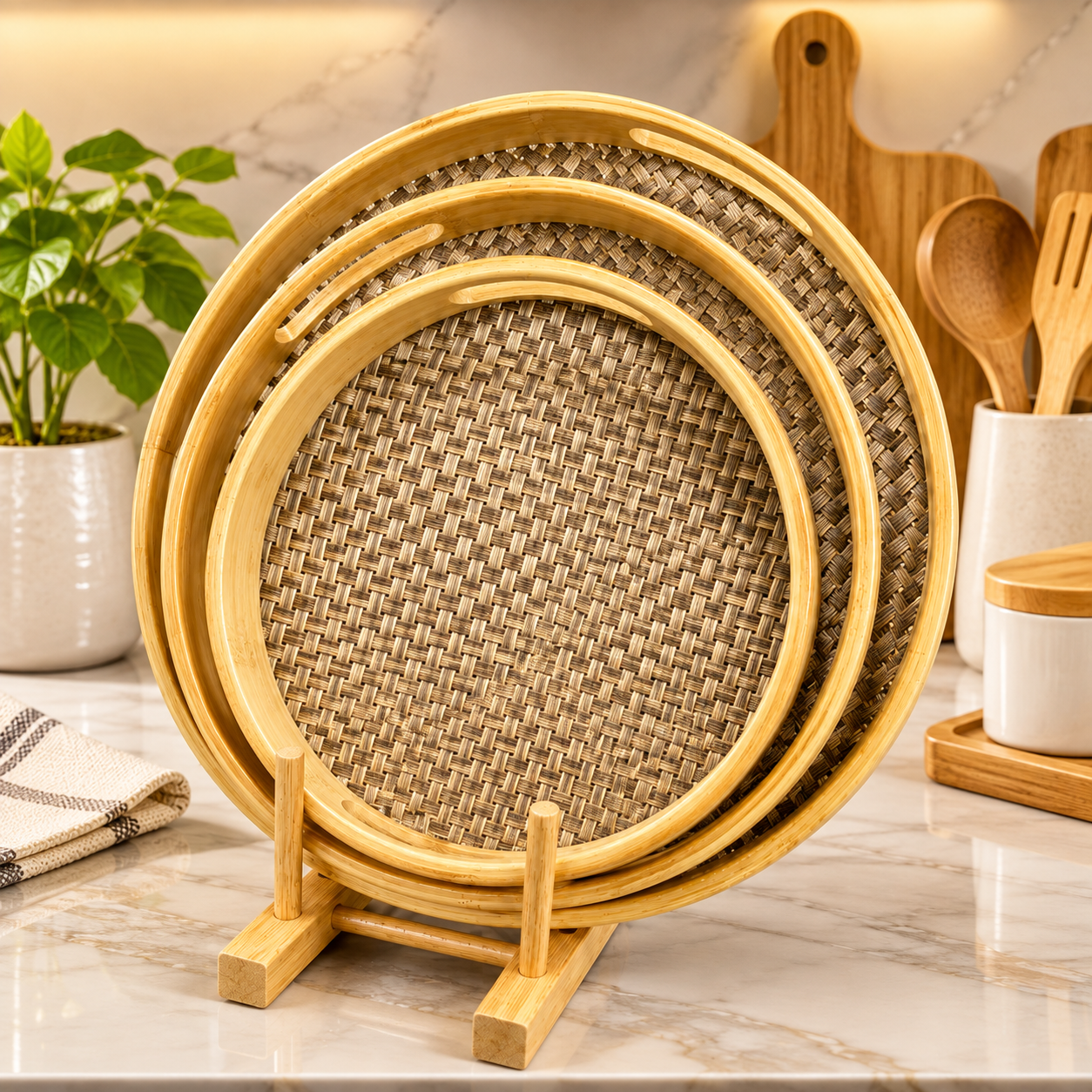 Set Of 3 Premium Rattan Bamboo Tray, Bamboo Woven Serving Tray Set, Handcrafted Bamboo Beverage Tray Set