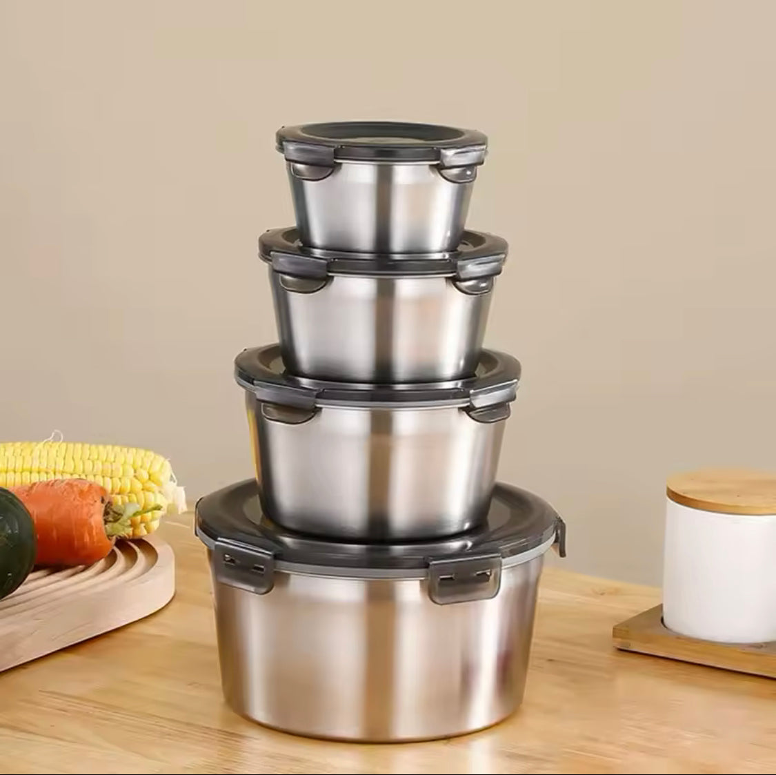 4pcs Stainless Steel Round Food Storage Containers, Kitchen Sealed Leakproof Lunch Box, Portable Picnic Bento Food Storage Box Container