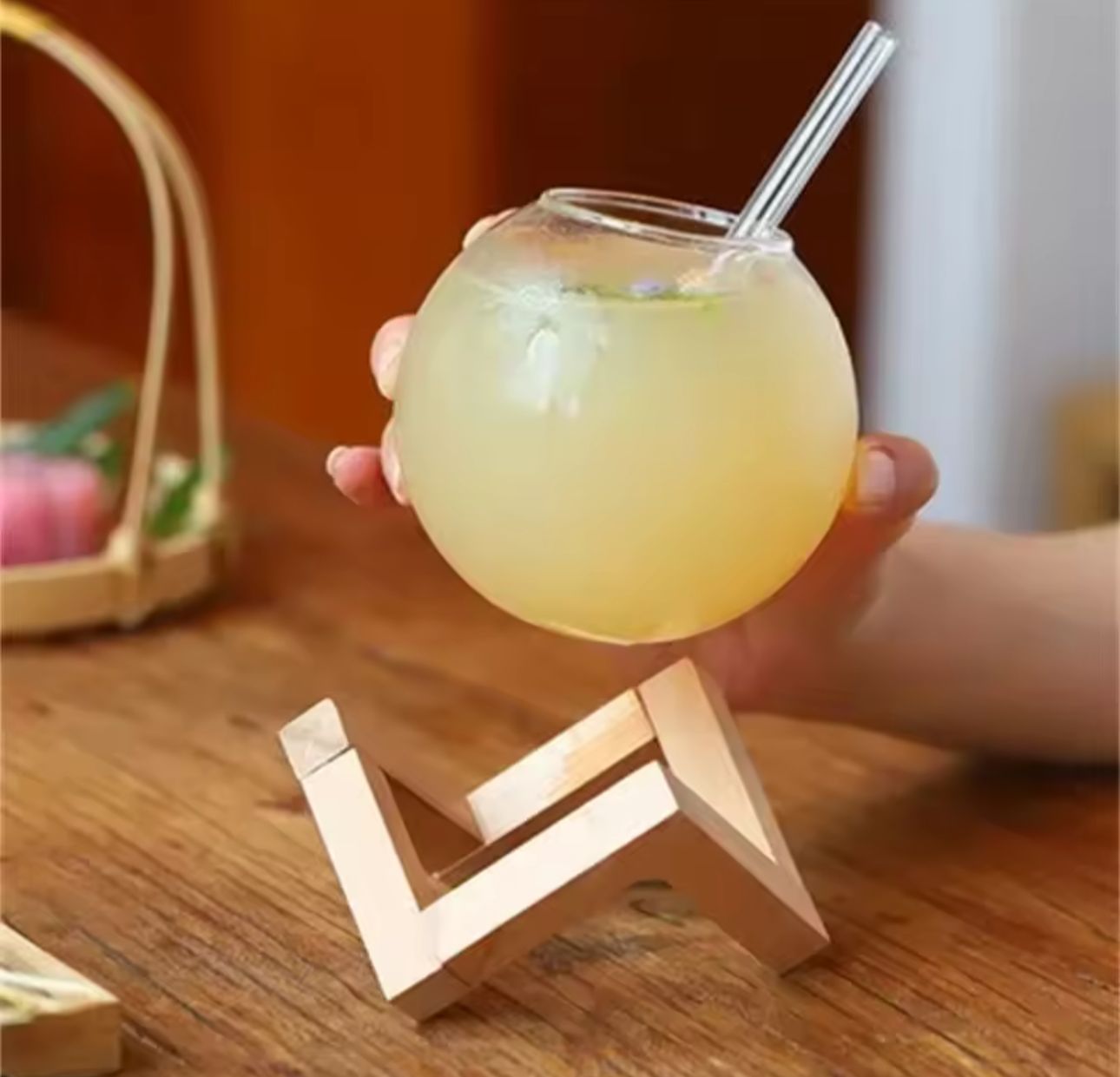 Round Unique Design Ball Shape Glass Cup, Crystal Round Ball Beverage Cup With Wooden Stand, Unique Shape Glass Straw Cup