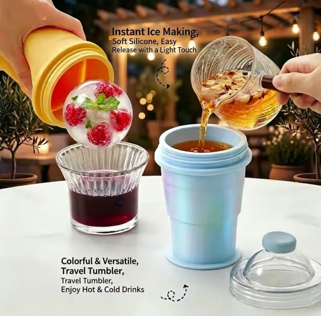 2 In 1 Collapsible Silicone Ice Ball Cup, Reusable Portable Ice Sphere Mold with Straw Lid, Portable Ice Ball Cup