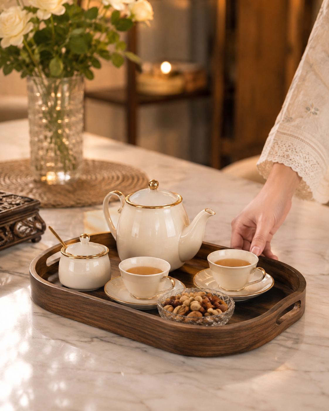 3pcs Dark Wood Serving Tray Set, Wooden Tea Serving Tray Set, Heritage Style Wooden Serving Tray Set, Luxury Brown Wood Breakfast Tray Set