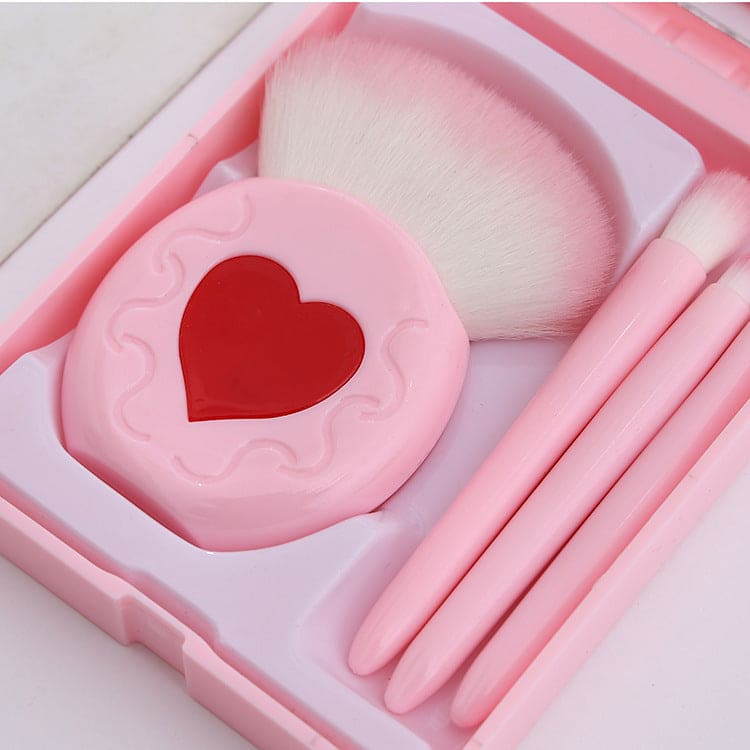 Mini Heart Makeup Brush Set, Portable Makeup Mirror with 5 Pcs Makeup Brushes, Hand Hold Pocket Foldable Beauty Makeup Tools Set, Portable Makeup Brush Box With Mirror