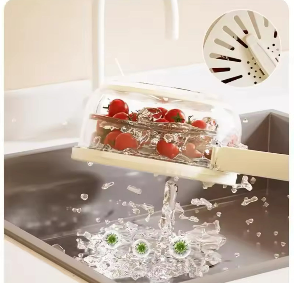 Foldable Fruit Drain Basket With Lid, Salad Mixing Vegetable Washing Bowl, Household Draining Bowl, Refrigerator Food Storage Container, Multipurpose Drain Basket With Adjustable Cover and Handle