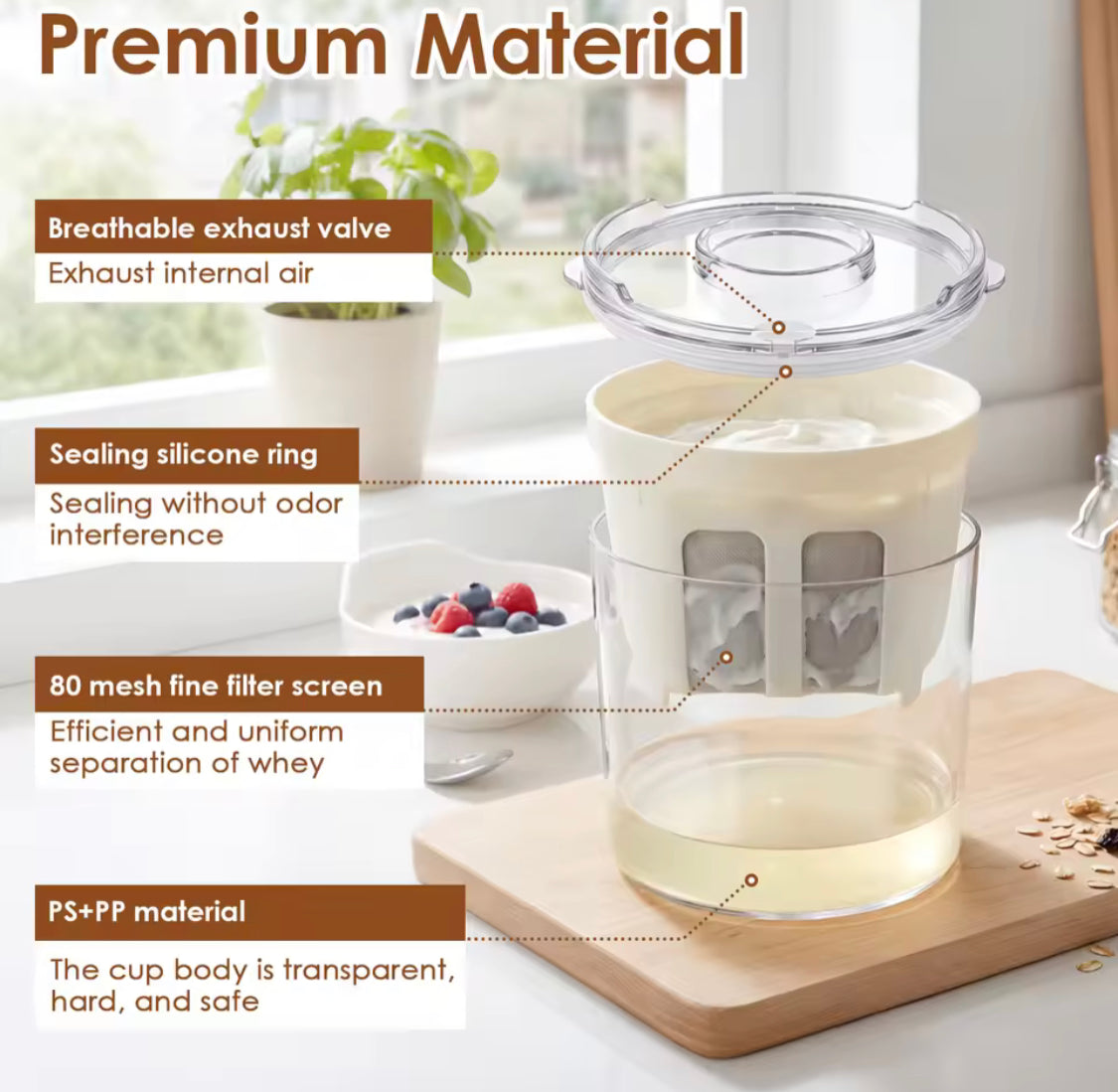 Round Shape Greek Yogurt Strainer Container, Reusable Greek Yogurt Maker, Fine Mesh Yogurt Draining Container with Storage Lid, Multi Purpose Yogurt Strainer Container