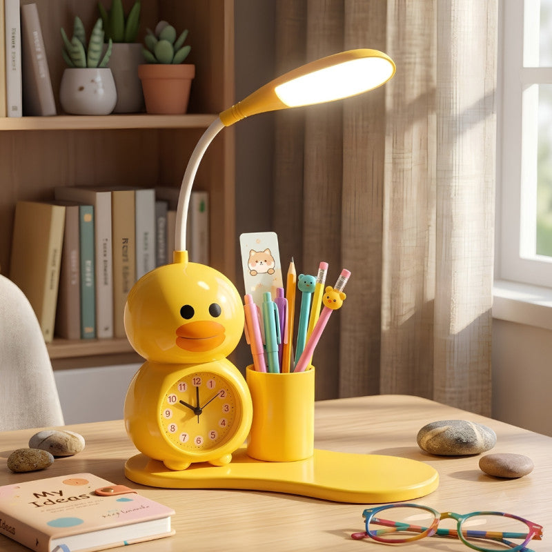 Cute LED Desk Lamp with Clock And Pen Holder, Kids LED Reading Lamp with Clock & Desk Organizer, Adjustable Duck LED Study Light for Kids