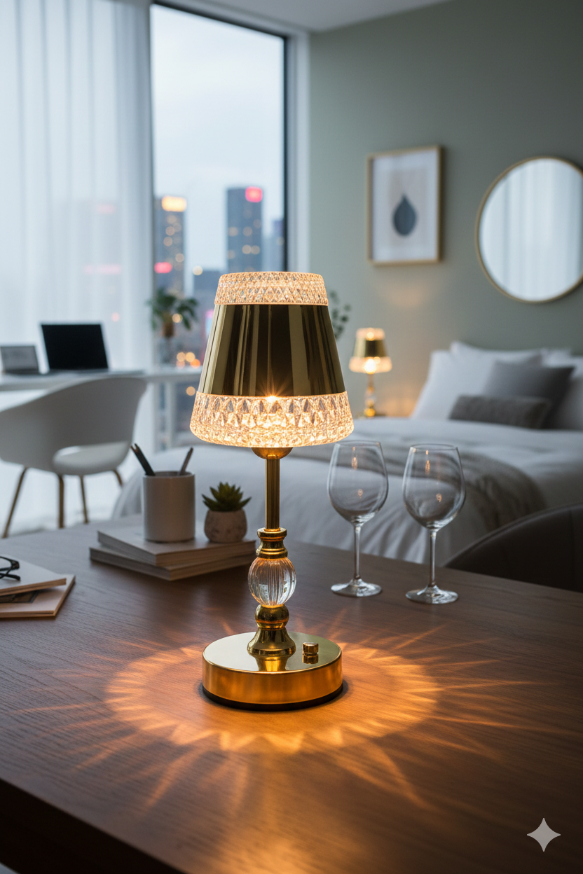 Crystal Spire Gold Desk Lamp, Elegance Cylinder LED Lamp, Art Deco Crystal Lamp