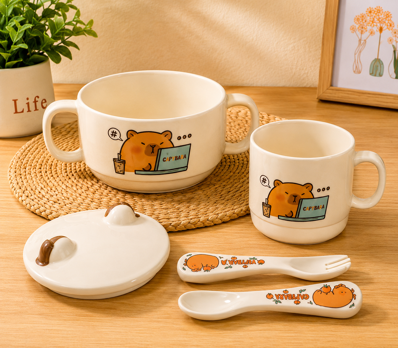 Cute Bear Ceramic Bowl with Spoon Set, Cute Cartoon Kids Mealtime Set, Adorable Kids Feeding Bowl & Spoon, Cute Animal Kids Bowl & Cup Sst