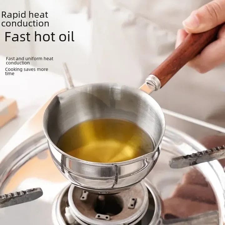 Stainless Steel Oil Splash Pot, Wooden Handle Mini Sauce Pan, Kitchen Cooking Seasoning Dripping Sauce Pan, Household Small Milk Pan, Multipurpose Home Kitchen Small Cooking Pot Butter Melting Pot