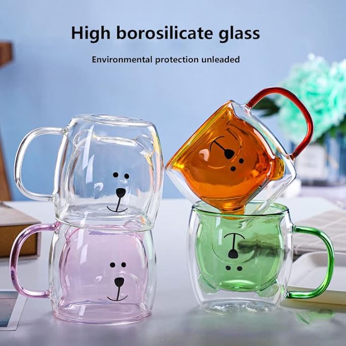 Adorable Bear Face Glass Coffee Mug, Double Wall Bear Buddy Glass Cup, Cute Bear Thermal Glass Mug