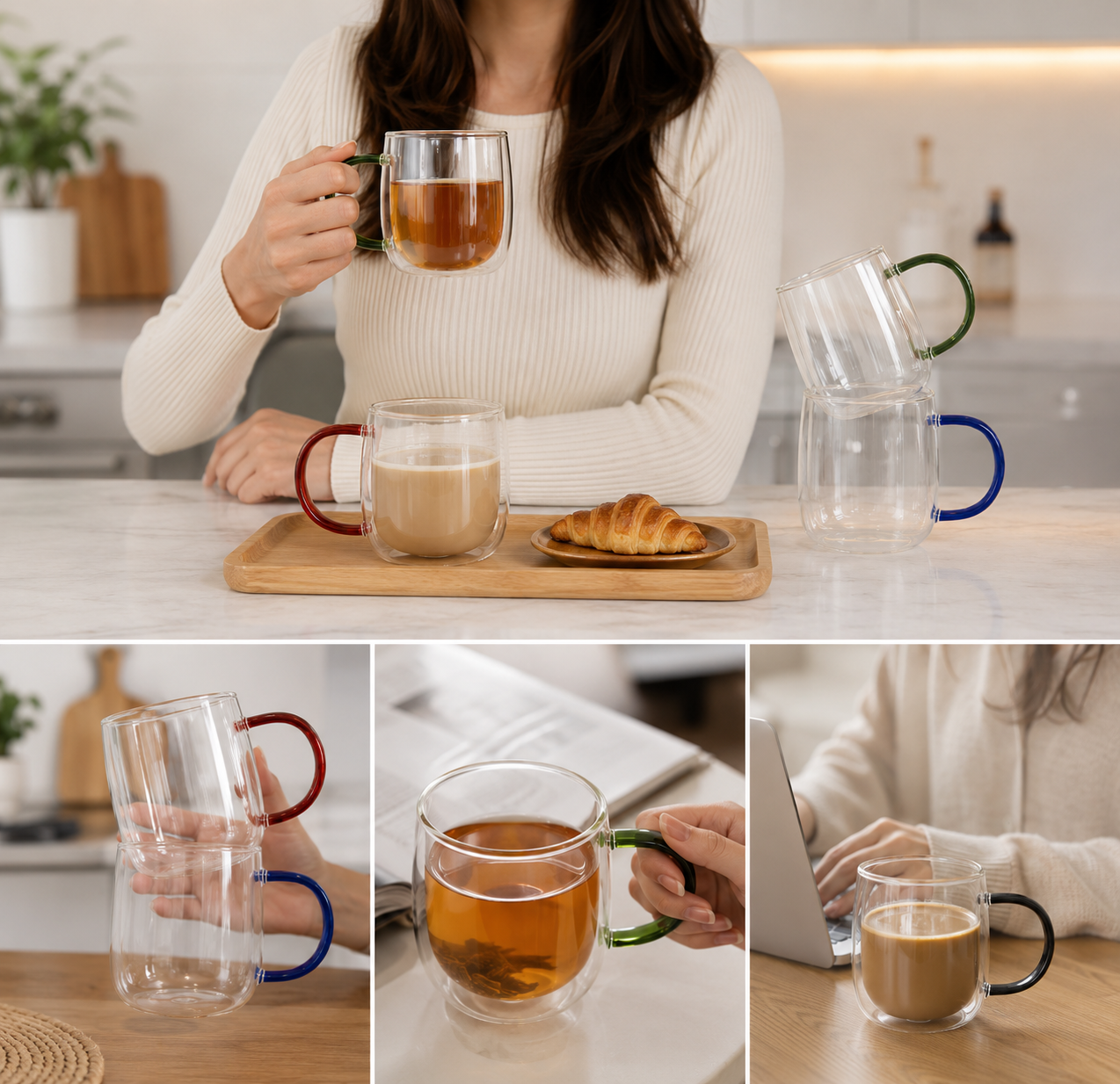 4pcs Elegant Colorful Handle Coffee Mug Set, Transparent Glass Mugs, Double Wall Clear Glass Drinkware Set