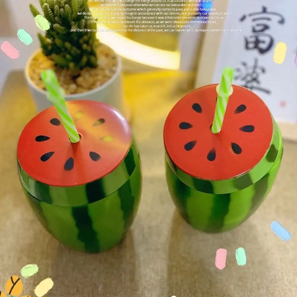 Watermelon Water Bottle, Plastic Summer Straw Cup, Fruity Juice Sippy Cup, Portable Reusable Drinking Cup, Food Grade Plastic Cartoon Fruit Drinkware