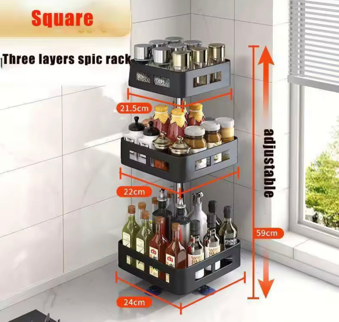 360° Rotation Spice Rack Organizer, Multi Layer Carbon Steel Kitchen Storage Rack, Non Skid Base Kitchen Storage Rack