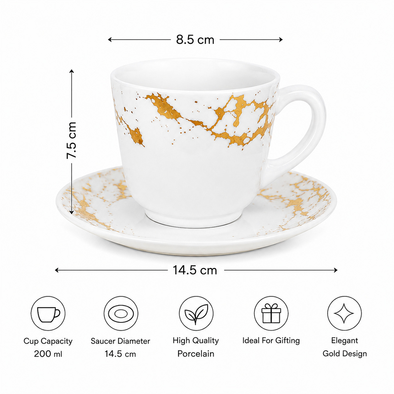 Elegant 6Pcs Tea Cup With Saucer Set, Golden Crackle Design Tea Cup Set, Insulated Coffee Mug, Coffee Glass