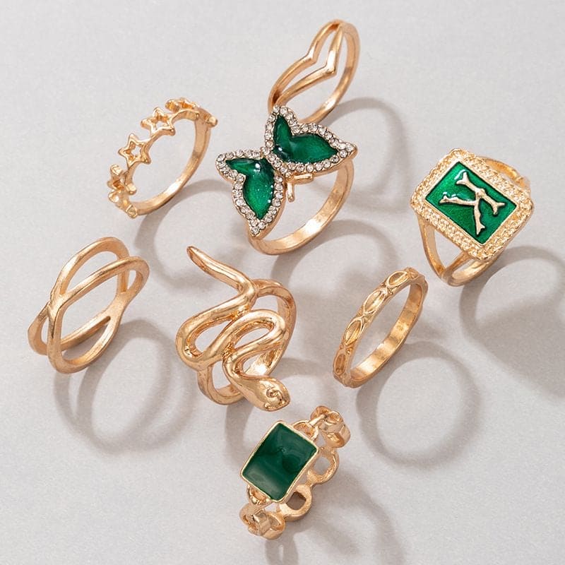 Set Of 8 K Snake Rings, Multi Element Geometric Ring Jewellery, Snake & Butterfly Decor Ring, Green K Letter Snake Butterfly Pentagram Ring For Women