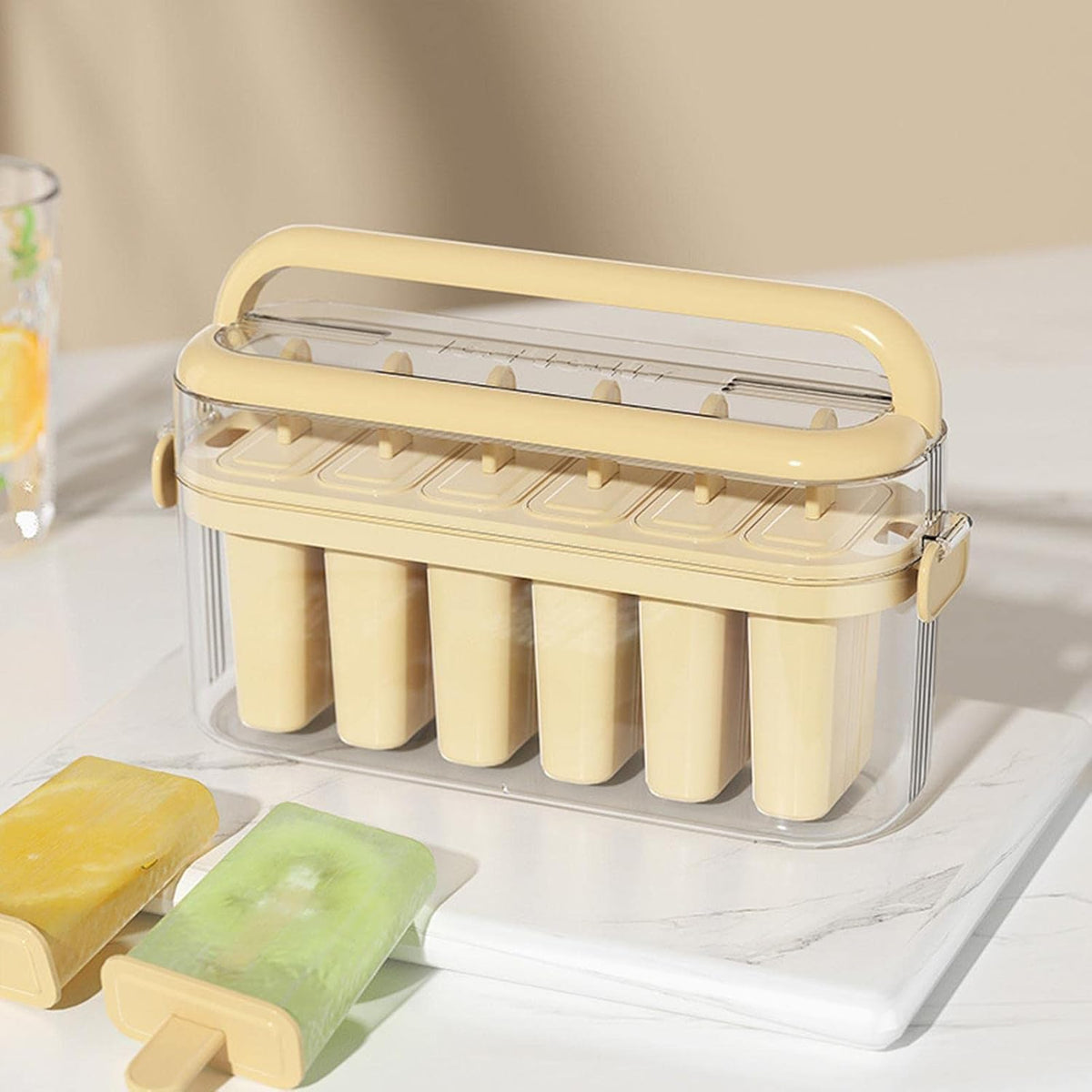 6 Cavity Silicone Popsicle Maker with Storage Box, Reusable Frozen Fruit Ice Pop Maker, Portable Ice Cream Mold with Lid and Handle
