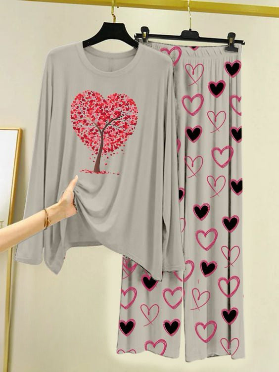 Printed Night Suit With Trouser, Sleep Wear Comfy Dress For Women, Cute Cartoon design Shirts And Heart Print Trouser