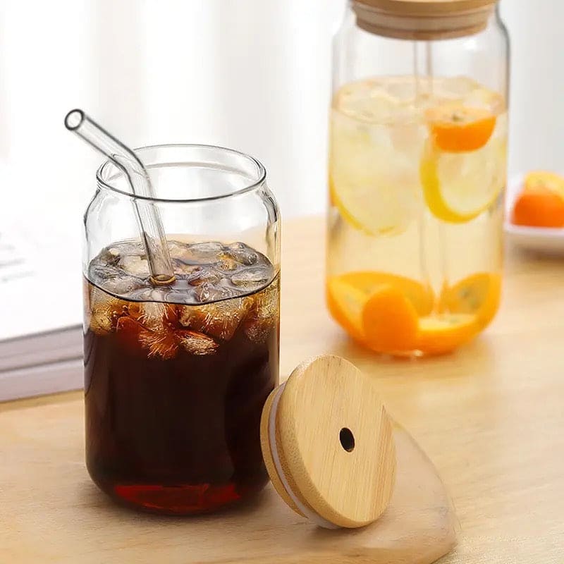 Bubble Tea Cup, 500ml Glass Mug With Bamboo Glass And Straw, Multipurpose Iced Coffee Cute Tumbler Cup for Cocktail, Party Beverage Cup, Portable Glass Water Cup with Straw Lid, Household Borosilicate Straw Glass