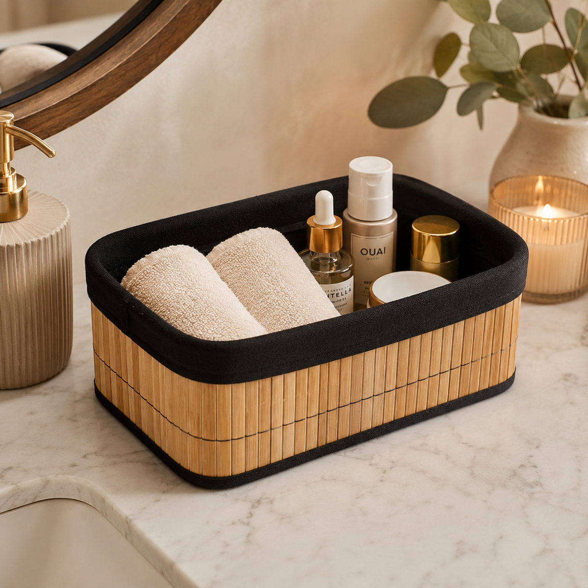 3pcs Bamboo Storage Basket Set, Bamboo Vanity And Bathroom Organizer Set, Multipurpose Bamboo Organizer Baskets