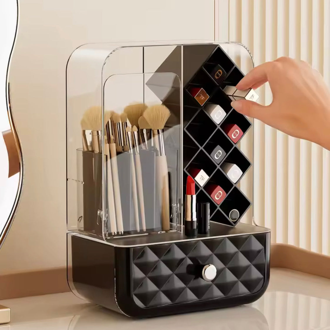 Luxury Cosmetic Organizer With Drawer, Acrylic Desktop Makeup Brushes Organizer, Dust Proof Lipstick Grid Compartment Organizer