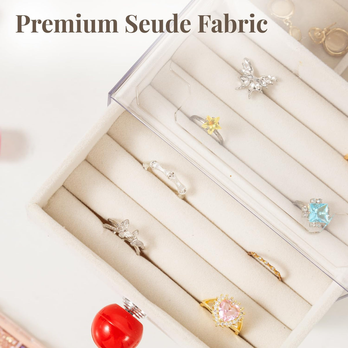 5 Tier Jewelry Organizer Box with Colourful Handle, Transparent Acrylic Jewelry Storage Organizer, Acrylic Jewelry Box with Ring Display Tray