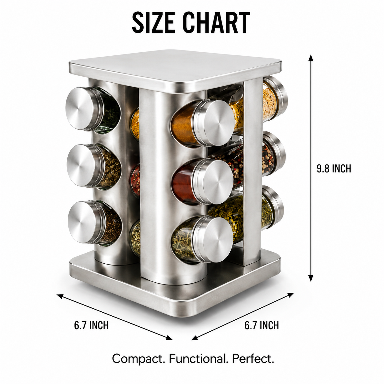 Stainless Steel 360° Rotating Spice Rack Organizer, Countertop Spice Rack with Rotating Base, Revolving Spice Rack with 12 Glass Jars, Space Saving Spice Rack Organizer, Kitchen Spice Carousel With Refillable Jars