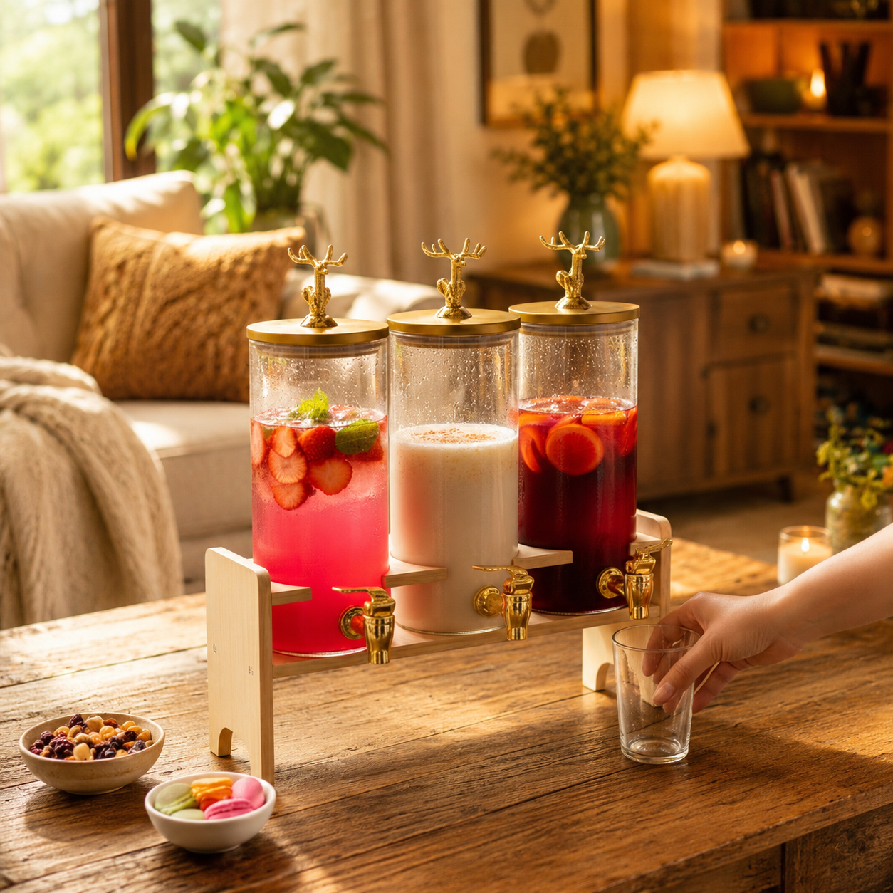 Triple Juice Dispenser With Gold Deer Lid, Glass Drink Dispenser With Wooden Stand, Luxury Beverage Station With Taps