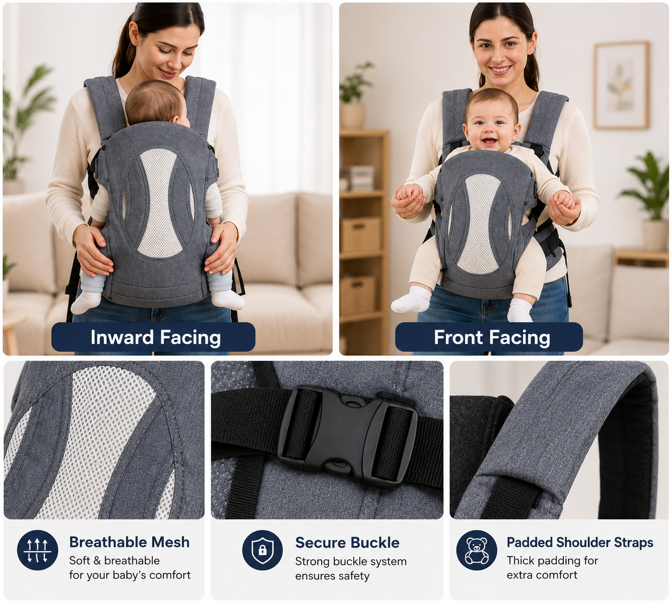 Baby Carrier with Breathable Mesh Back Support, Adjustable Baby Carrier with Waist Support, Multi Position Baby Carrier with Padded Shoulder Straps, Baby Carry Bag with Adjustable Safety Buckles
